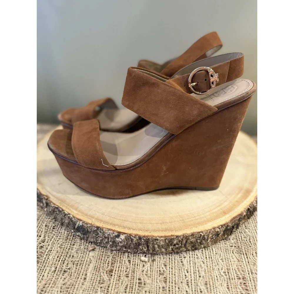 Tory Burch Loretta 120mm Lancaster Cuoio Brown Suede Platform‎ Wedge Sandals 8